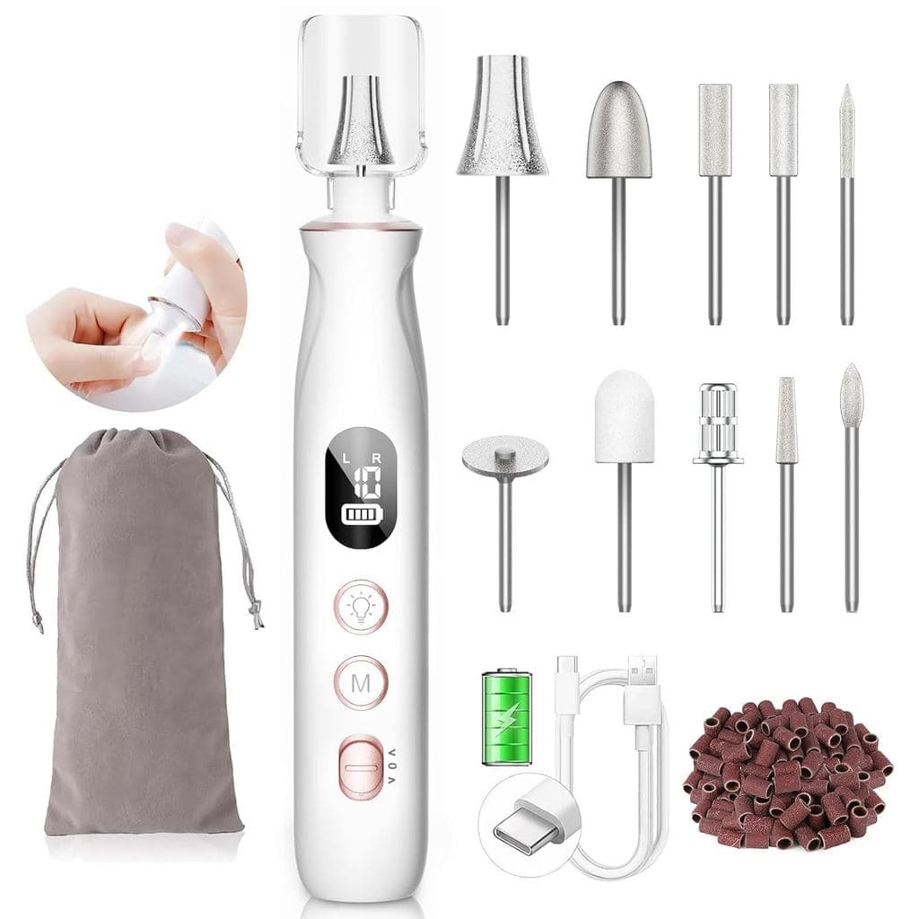 Lixa de Unhas Elétrica, 20.000 RPM, Kit de Lixa de Unhas Sem Fio, Branco |   10 velocidades, dupla rotação, luz LED, cap
