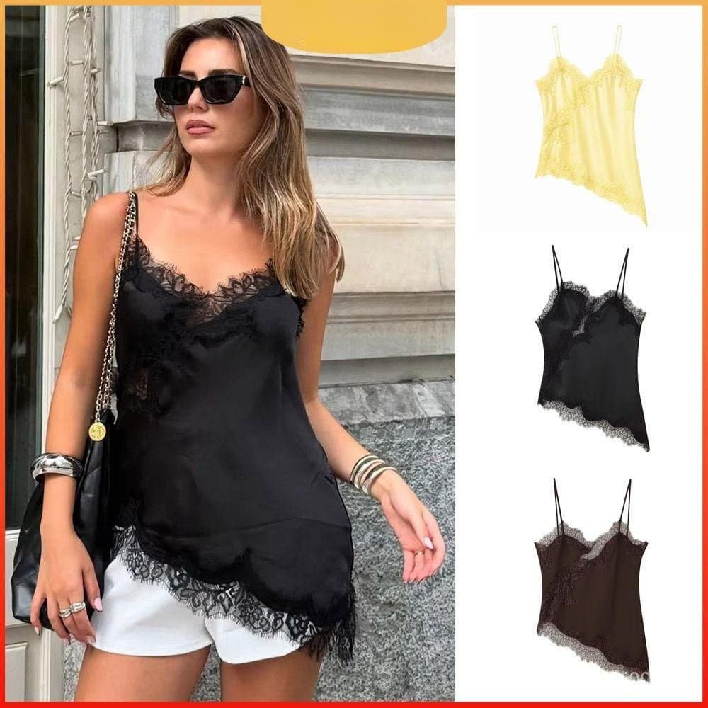 MOLYBR top De Retalhos De Renda , Blusas Sem Mangas Costas , Regata Feminina Elegante Assimétrica