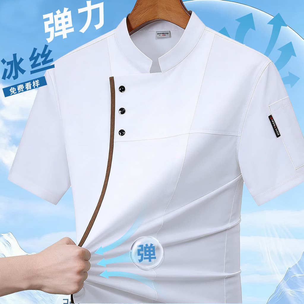 Uniforme de chef elástico de manga curta para hotel, catering, restaurante de fondue, cozinha, padaria, com logotipo per