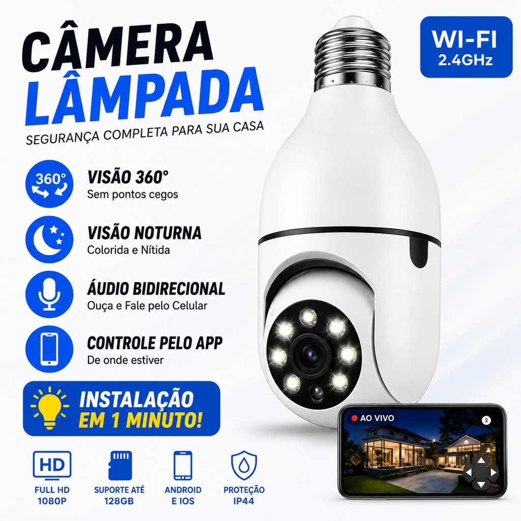 KIT3 Câmera Lâmpada Wi-Fi 360° Full HD 1080p | Visão Noturna Áudio Bidirecional | Segurança Inteligente Sensor Movimento