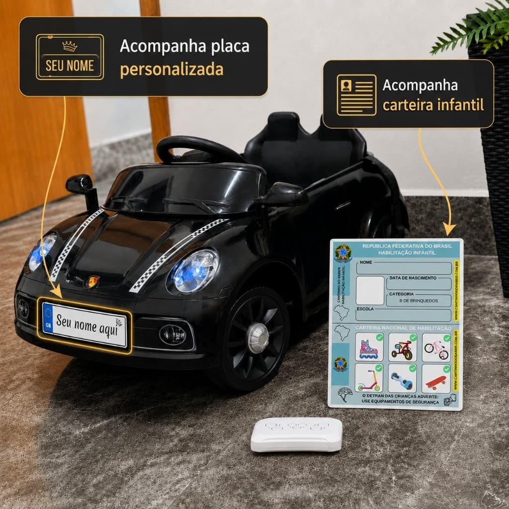 Carro Elétrico Infantil 6V com Controle e Placa Personalizada com Nome + Habilitação Infantil