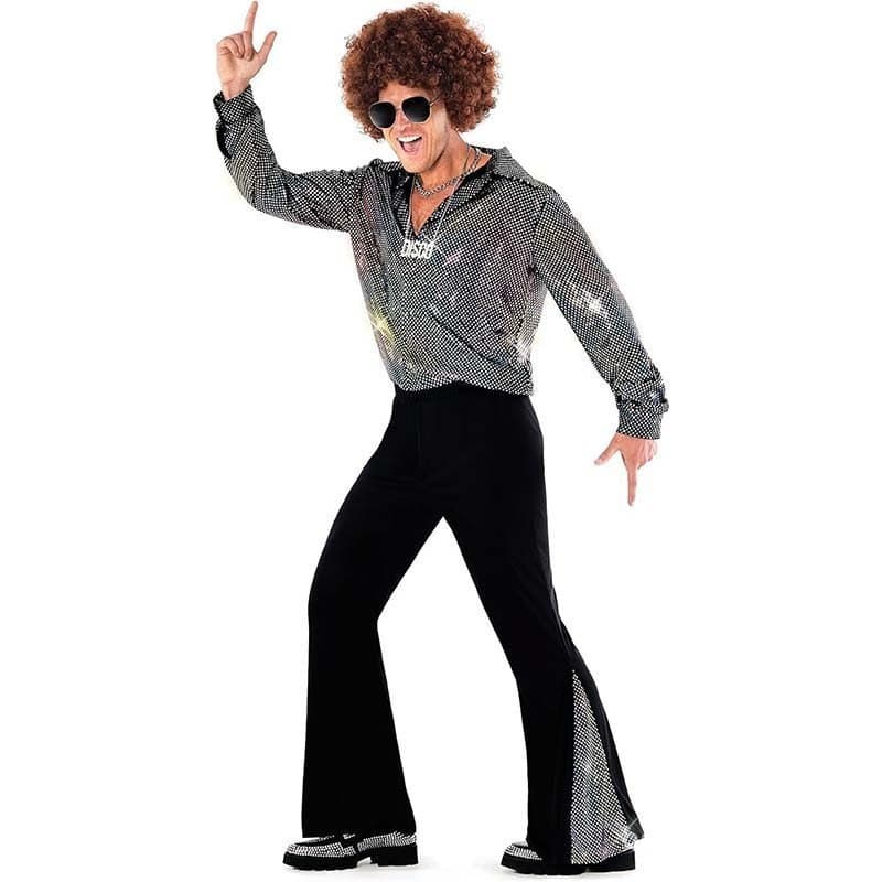 Fantasia de Halloween Masculina Estilo Hippie dos Anos 60 e 70, Calças Largas, Traje Brilhante para Cantor de Disco Adul