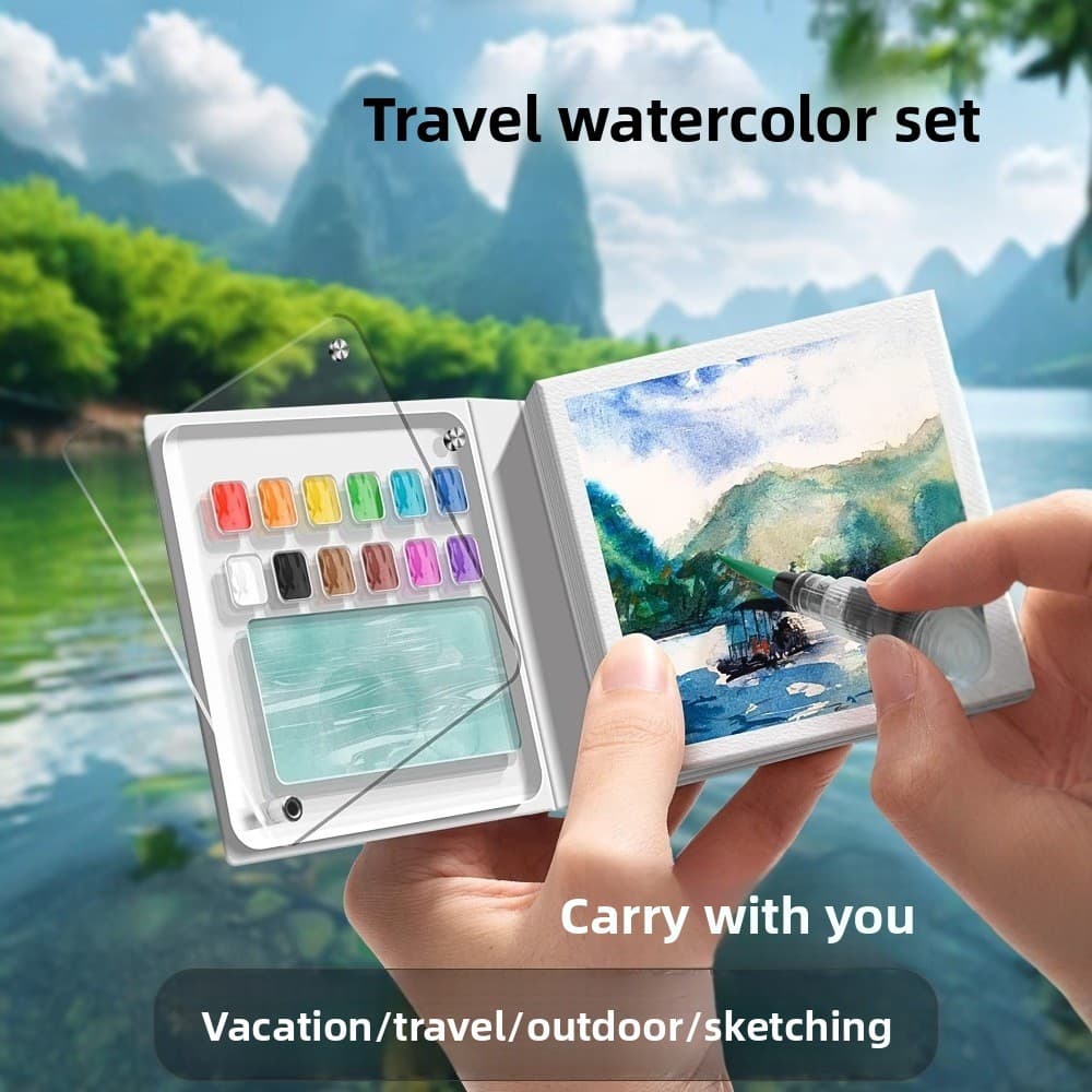 Mini Conjunto De Aquarela De Caixa Acrílica , Kit De Pintura De Viagem Portátil Com Paleta E Placa Para Esboço De Ar Ple