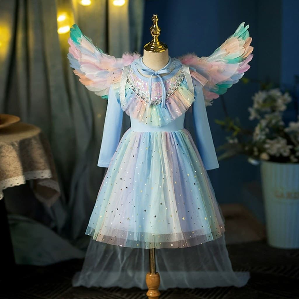 Meninas vestido de princesa primavera outono estilo Elsa vestido de princesa arco-íris unicórnio vestido asas vestido el