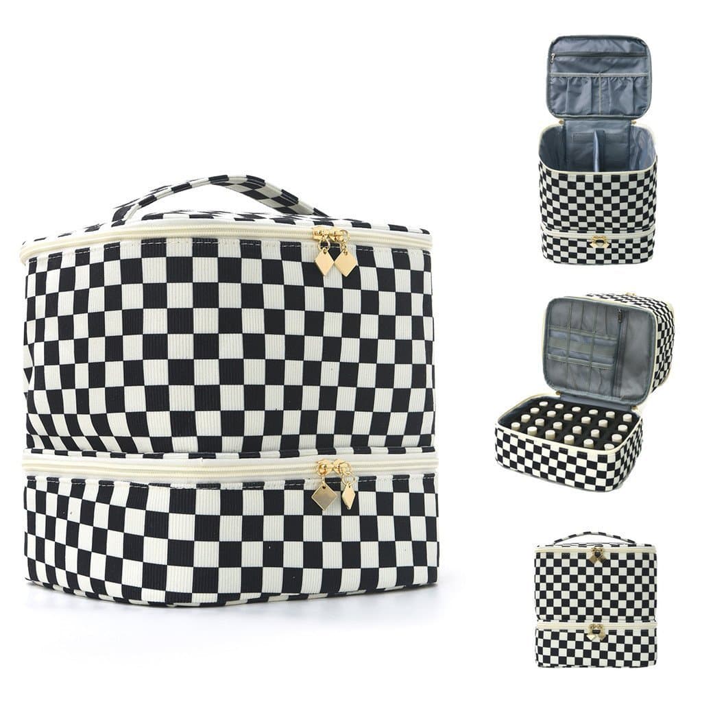 Bolsa de maquiagem de veludo cotelê de dupla camada, bolsa para guardar esmaltes com padrão xadrez, bolsa de ferramentas