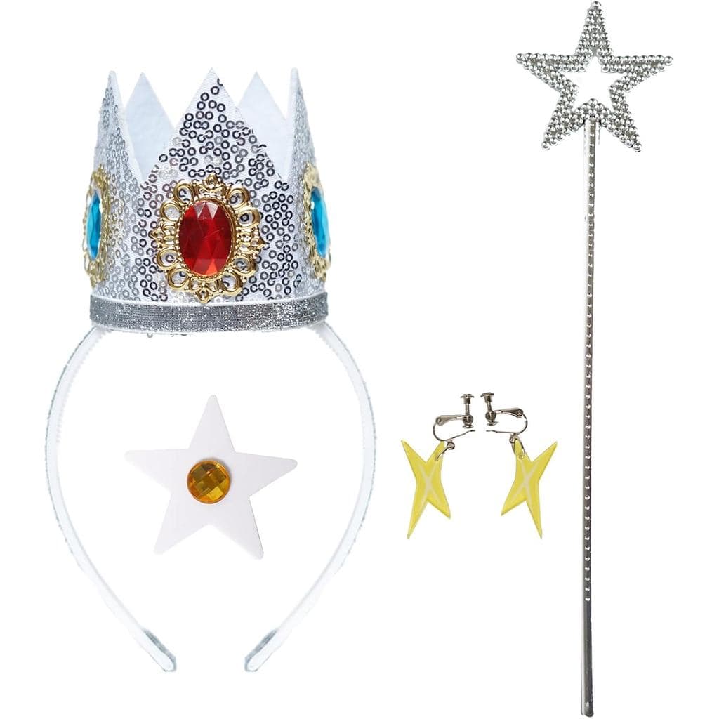Conjunto de 4 Acessórios para Fantasia de Princesa: Coroa, Brincos, Broche e Varinha de Estrela para Cosplay de Princesa