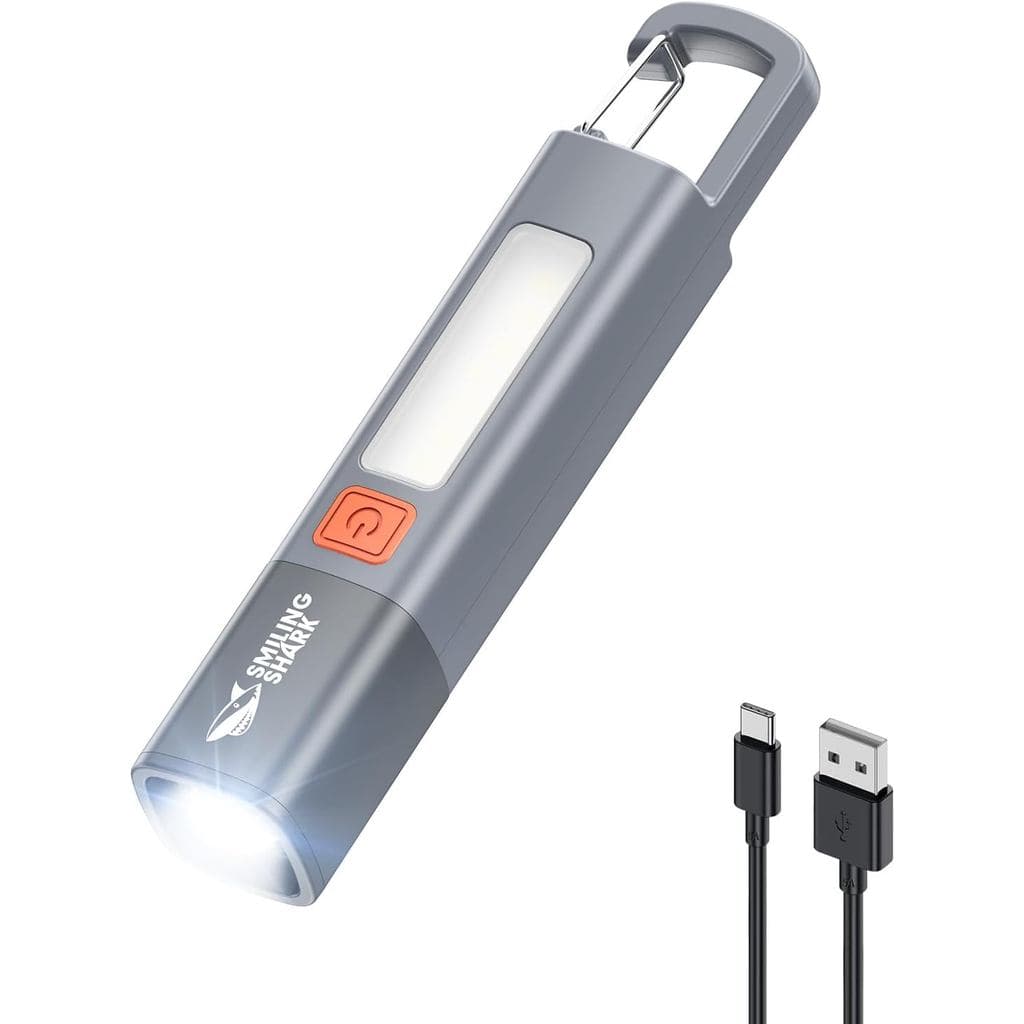 Lanterna Smiling Shark, Lanterna LED Recarregável com 3 Modos, Gancho, Zoom e à Prova d'Água, 2 em 1 (Lanterna e Luz Lat