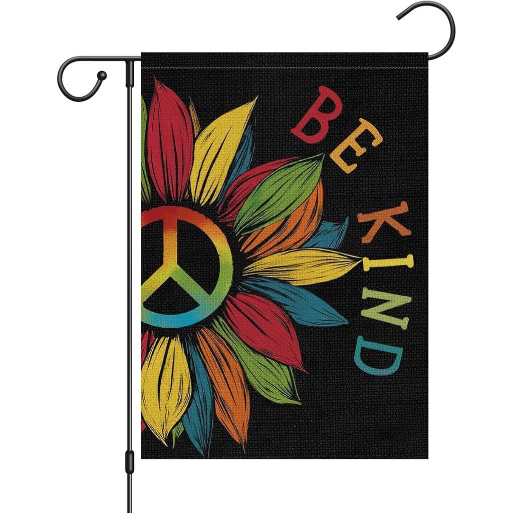 Bandeira de Jardim com Girassol 'Be Kind' 12x18 Polegadas, Vertical, Dupla Face, em Juta, Decorações de Orgulho Gay, Lés