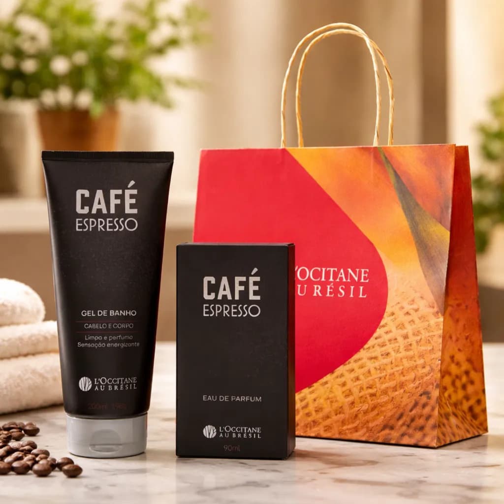 Presente Masculino Kit Café Espresso Eau De Parfum 90 ml + Gel de Banho Cabelo e Corpo 200ml + sacola L'Occitane