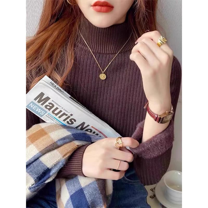 Meia gola alta forro de lã engrossado malha camisa de fundo feminino outono inverno High-End sentimento camisola interna