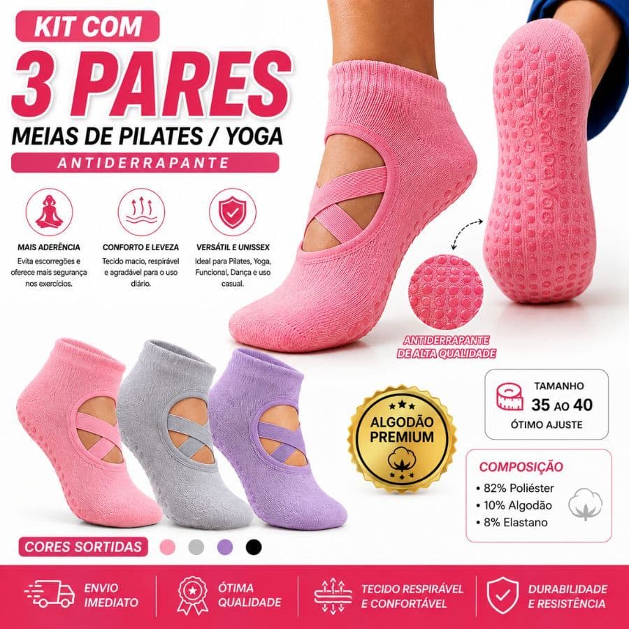 Kit 3 ou 6 Meias de Pilates Yoga Antiderrapante