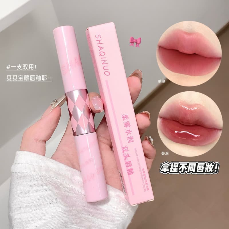 SHAQINUO Soft Mist Hidratante Dupla Cabeça Lip Gloss Leve Tender Water Gloss Vidro Lip Matte Matte Matte Layered Batom