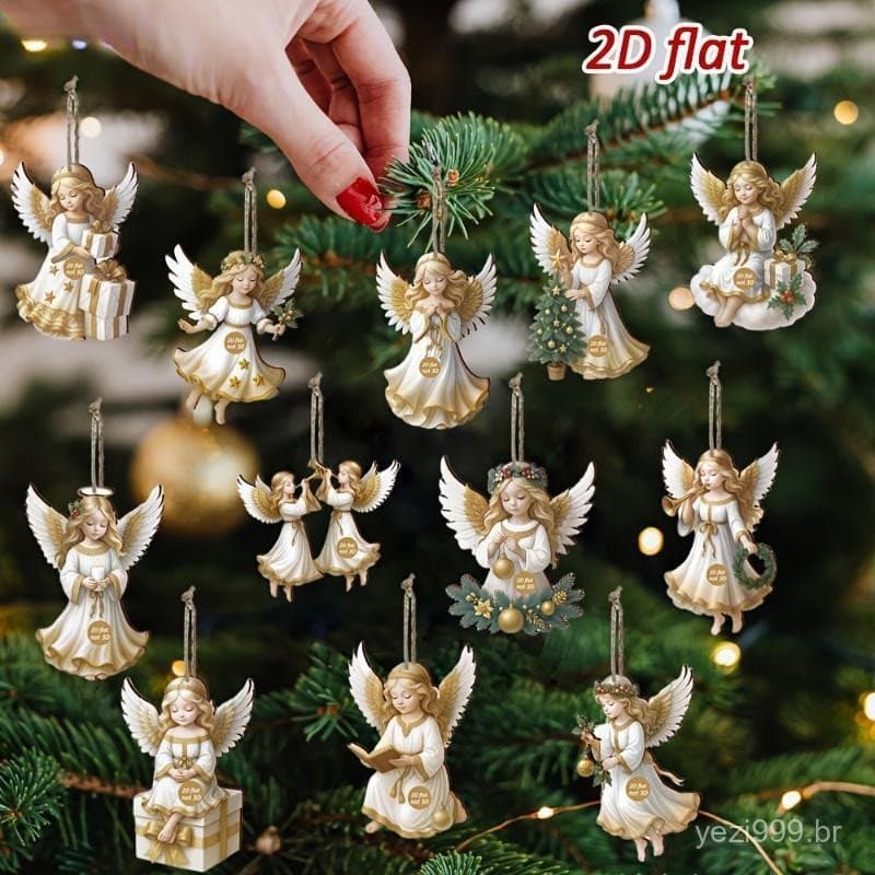 Adegree 12 Pçs Enfeites De Natal Vintage De Madeira Branco Anjo Pingente Feliz Ano Novo Presente Decoração Da Árvore Sup