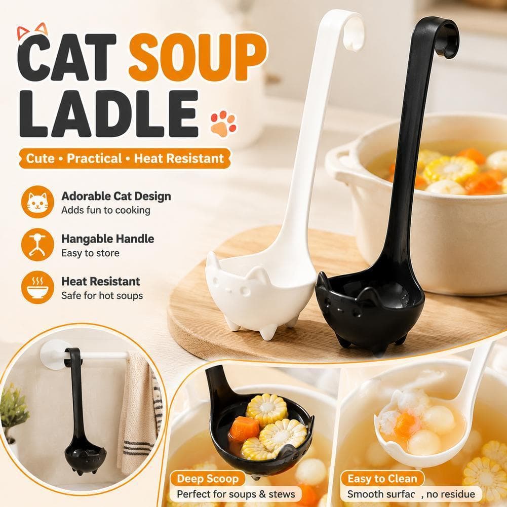 Concha De Sopa De Gato Fofa Em Pé | Colher De Servir Resistente Ao Calor Com Design De Gatinho Branco Preto Comida P3v0