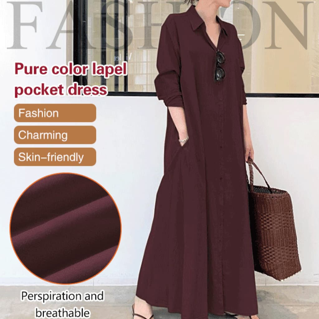 【Conforto Diário】Vestido camisa longo casual com bolso embutido e mangas compridas/Vestido/Feminino/Casual