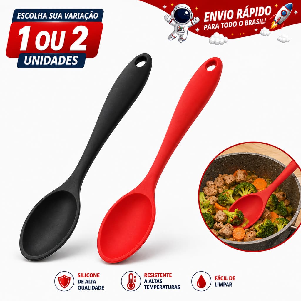 Colher de Silicone para Cozinha Resistente a Altas Temperaturas Macia Flexível para Panelas Antiaderentes