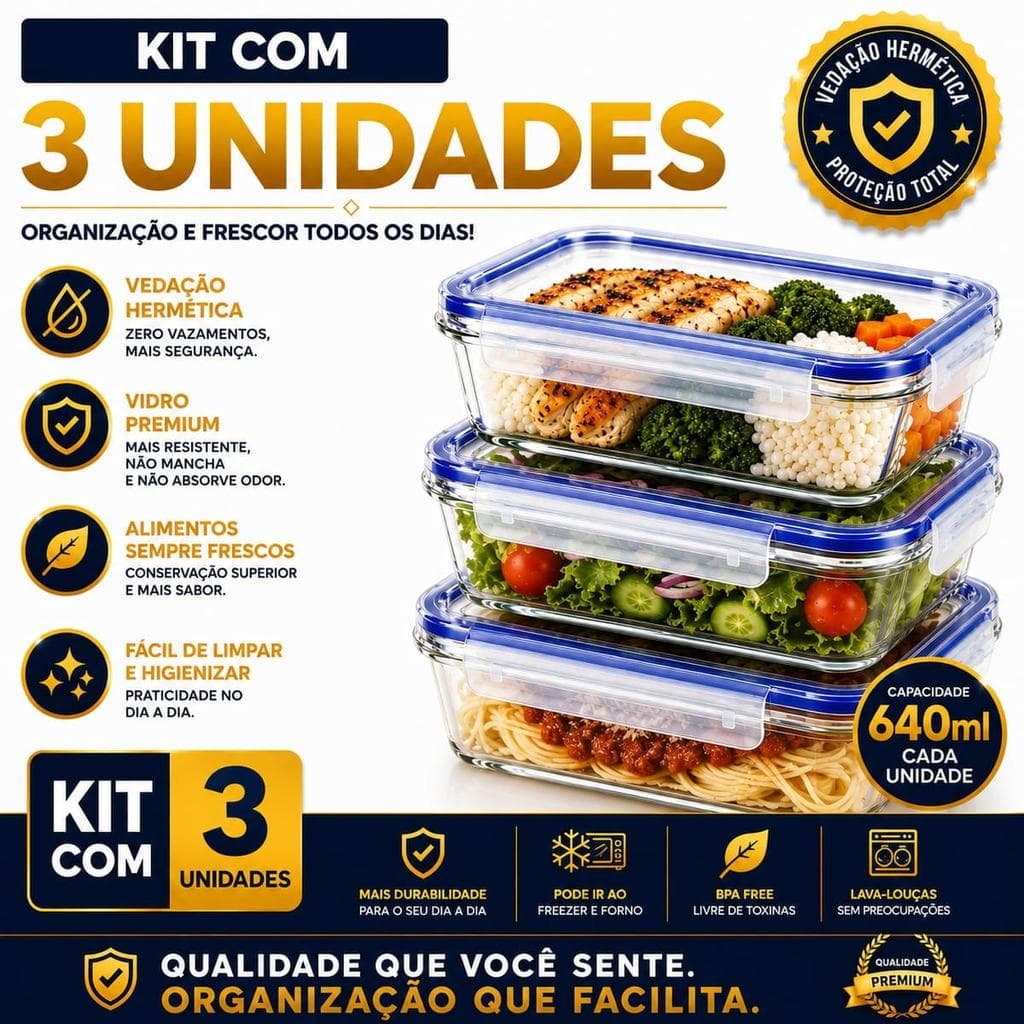KIT DE POTE DE VIDRO HERMÉTICO MARMITA TAMPA SILICONE - 3UN