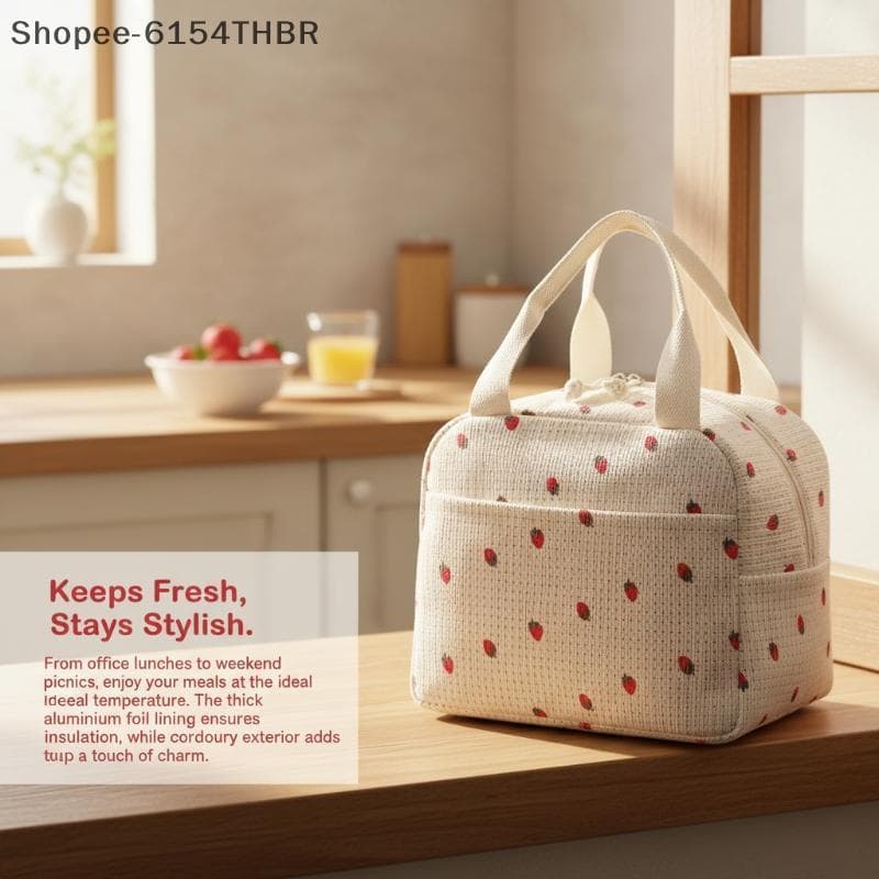 [RG] Lancheira Isolada Com Estampa Xadrez Floral , Veludo Vintage , Leve , Recipiente Térmico Para Alimentos Mulheres ,