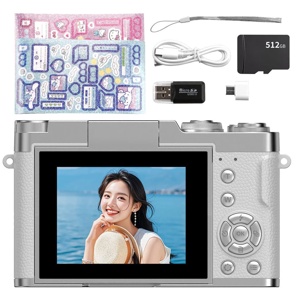 Câmera Digital 4K 48MP Compacta Zoom Digital 16X Tela Flip 180° Selfie Câmera Fotográfica Portátil Suporte Cartão 512GB
