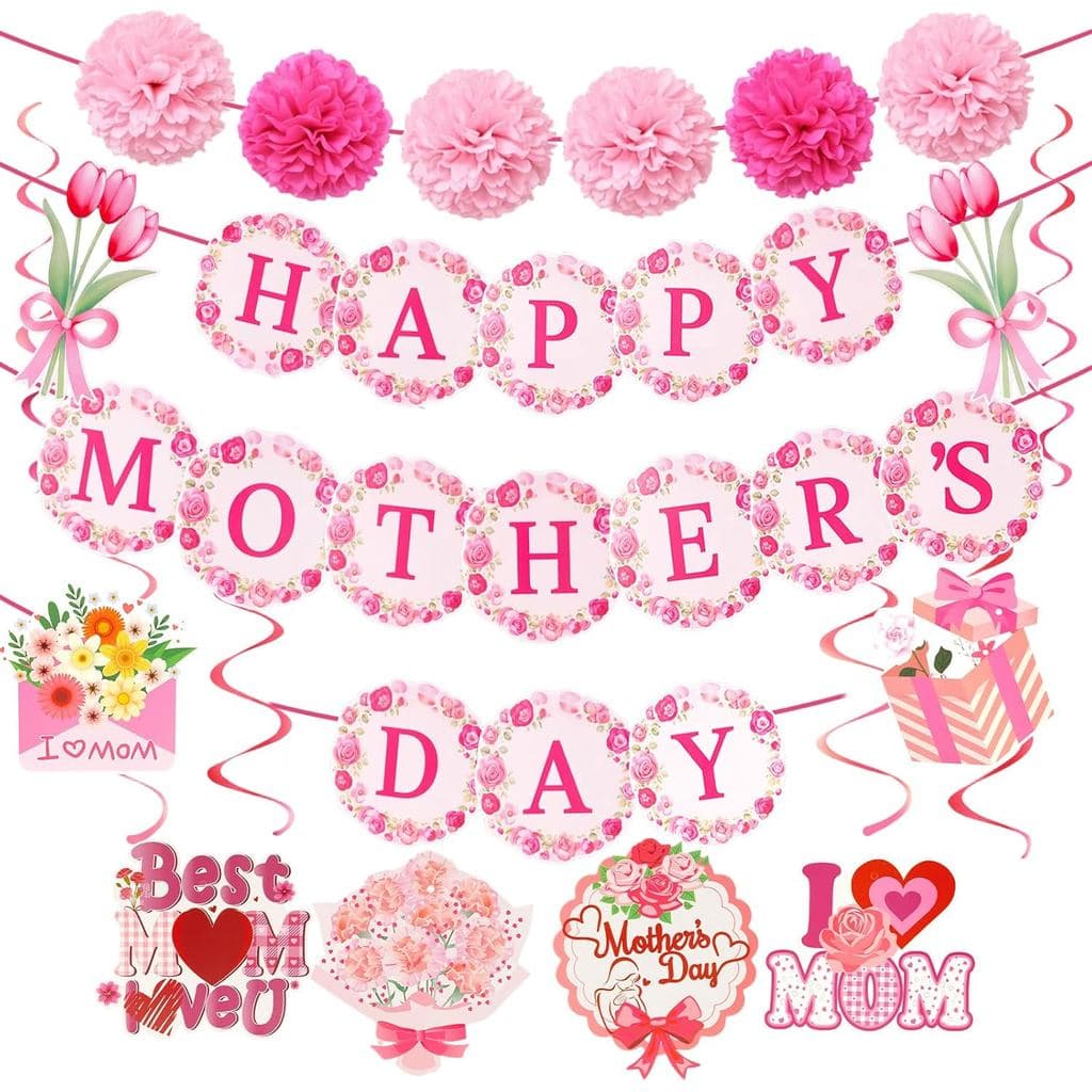 Conjunto de Decorações para o Dia das Mães, Faixa de Feliz Dia das Mães com Flores, Faixas de Decoração Rosa para o Dia
