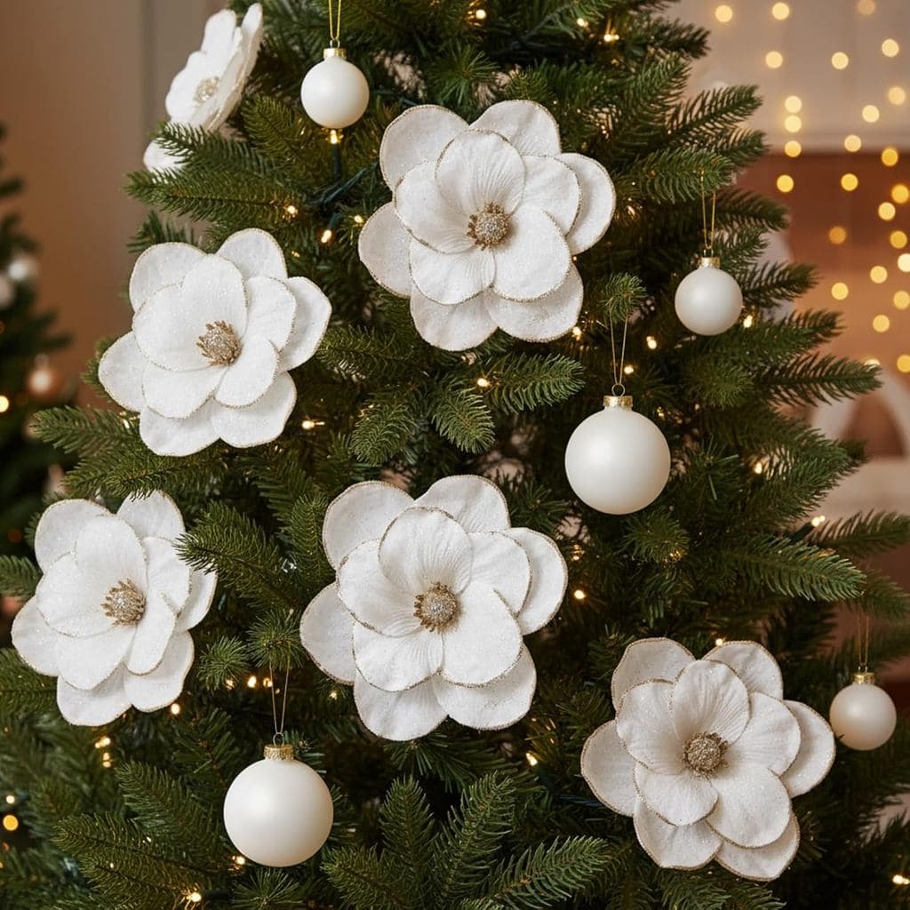 Conjunto de 24 peças de decorações de árvore de Natal em veludo da Outus com 8 peças de flores de magnólia artificiais c