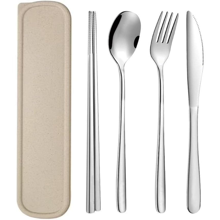 Utensílios de Viagem Portáteis com Estojo, Conjunto de Talheres de Aço Inoxidável 18/8 com 5 Peças, Talheres Reutilizáve