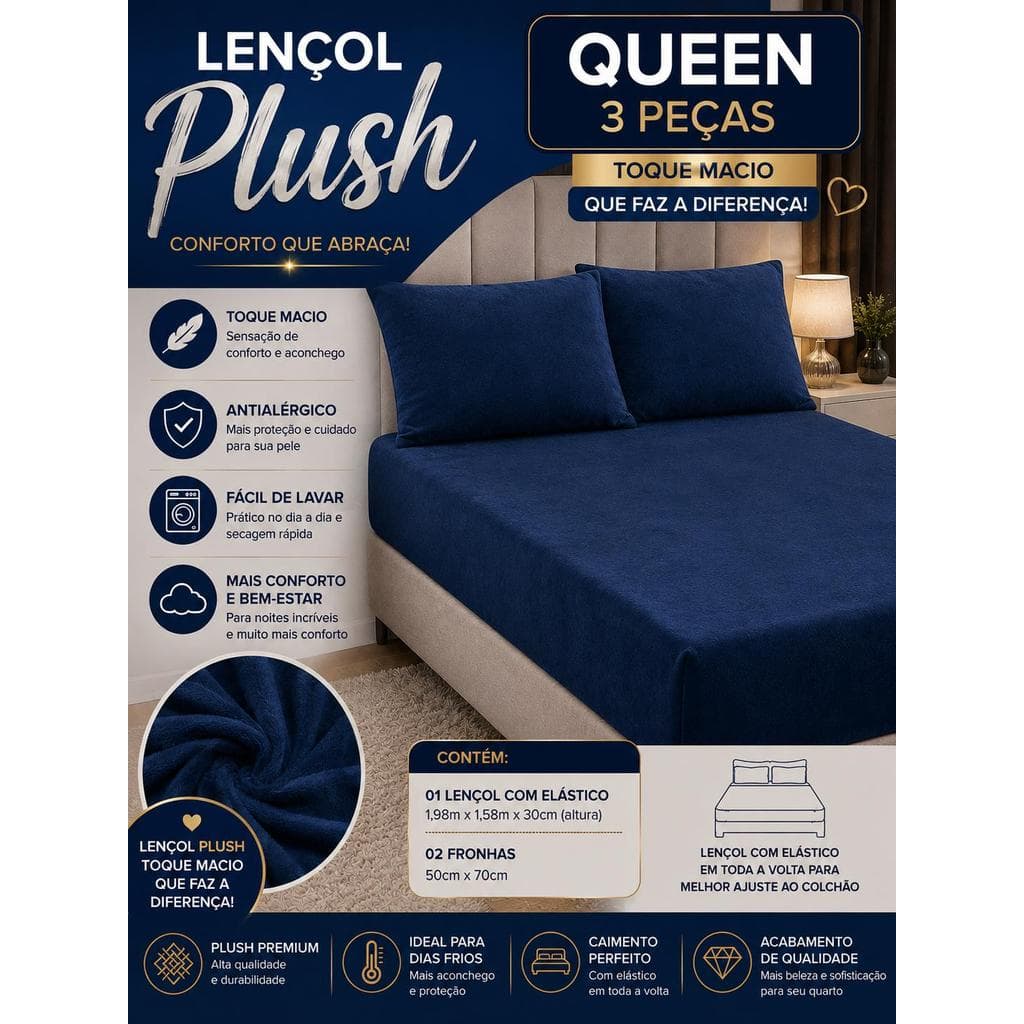 Lençol Plush Premium Manta Soft com Elástico - QUEEN 3 PEÇAS