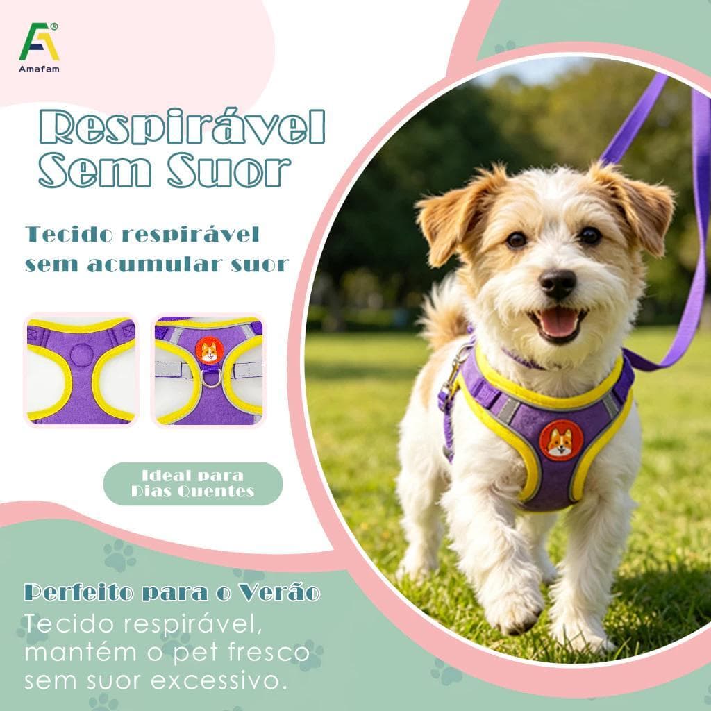Peitoral para Cachorro com Guia Colete Refletivo para Passeio Pet Segurança