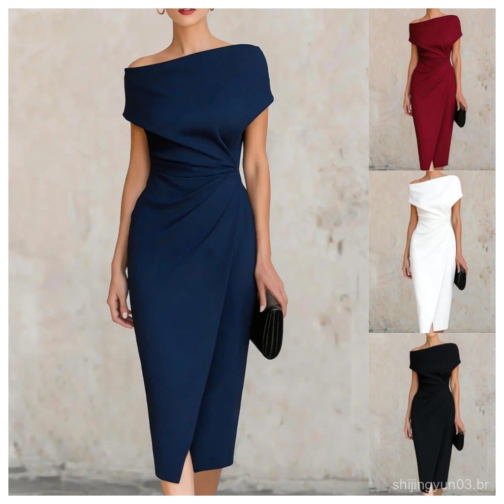 Vestido Midi Feminino com Ombros Descidos |     Vestido Elegante para Festa Formal com Barra Franzida na Cintura, Multic