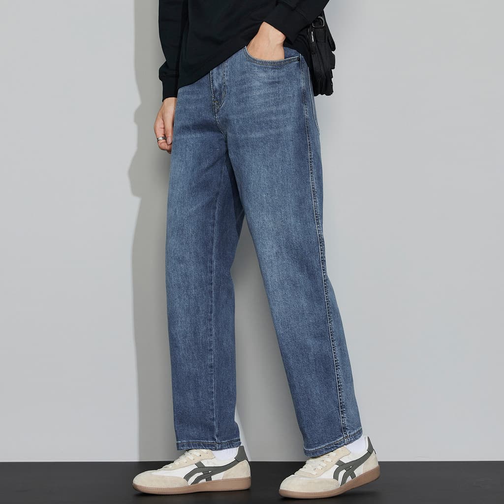 Algodão puro pequeno tornozelo comprimento jeans masculino outono solto em linha reta perna larga estiramento Casual All