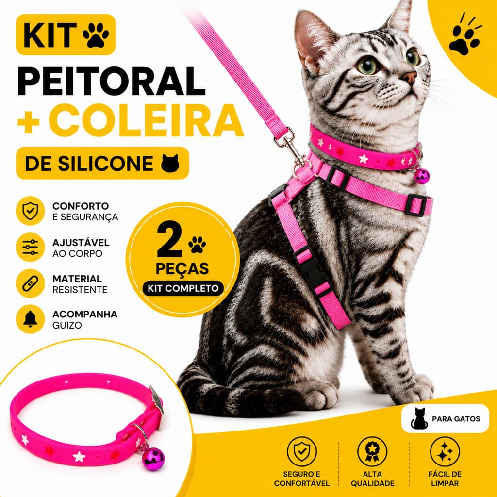 Peitoral Para Gato com Coleira Ajustável Kit Confortável Para Passeio