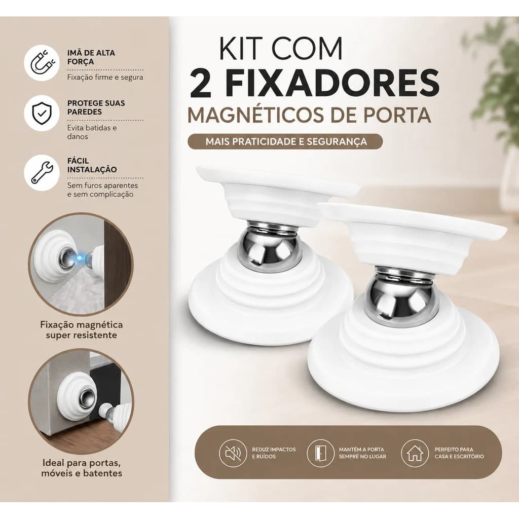 Fixador De Porta Magnético Kit 2 Unidades Adesivo Branco