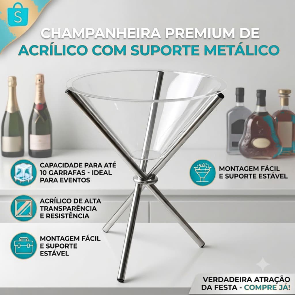 Kit 2 Champanheiras Acrílicas com Suporte Metálico Tripé Balde Gelo Bebidas