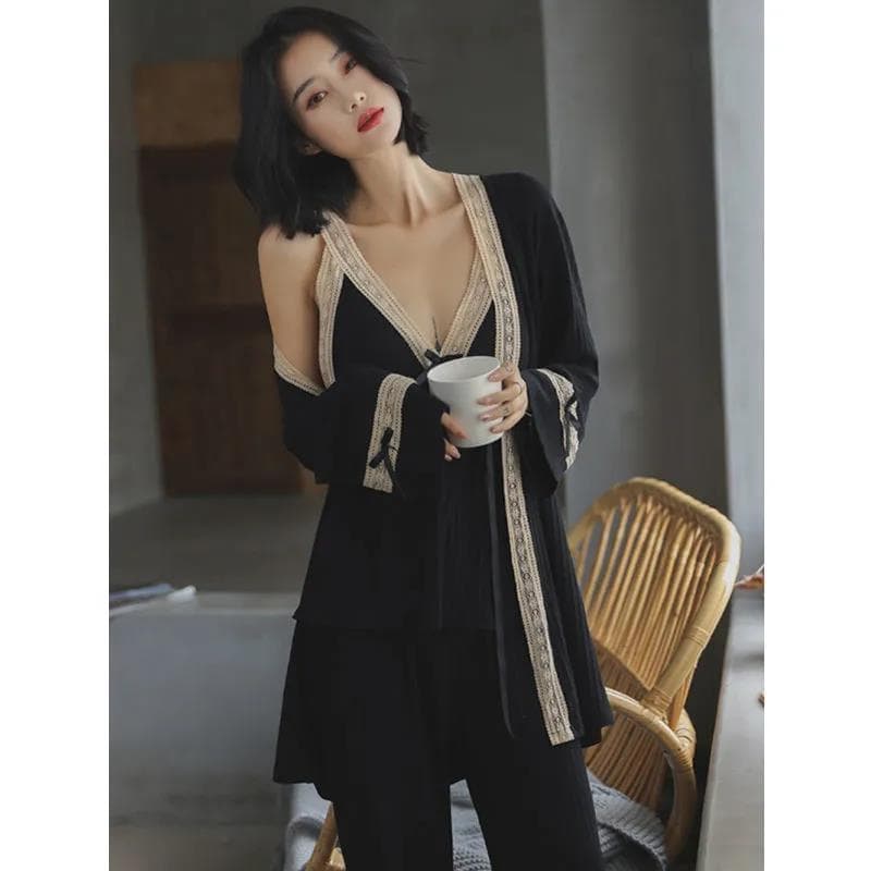 Pijama Modal feminino algodão renda profunda V estilingue três conjuntos de manga comprida Loungewear feminino