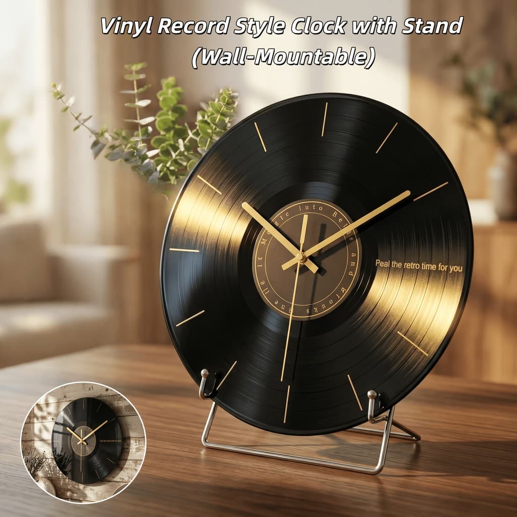 Relógio Retrô de Disco de Vinil - Relógio Decorativo de Mesa e Montável na Parede com Suporte, Relógio Silencioso sem Ti