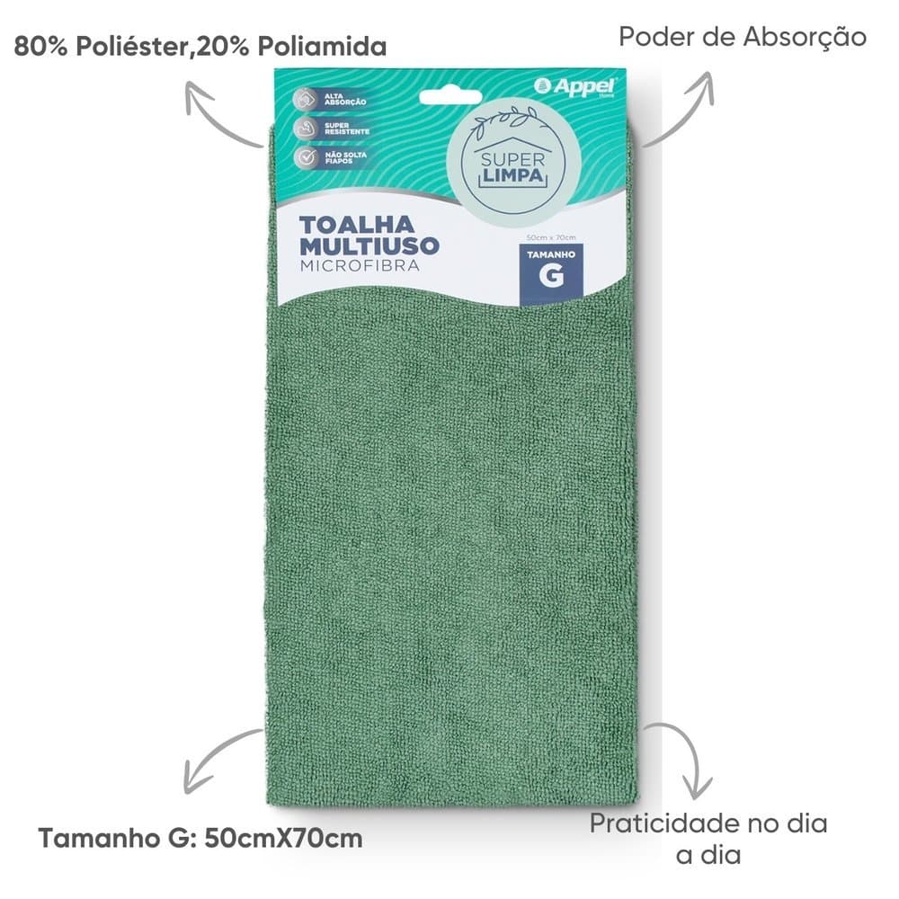 Kit 3 Toalhas Multiuso Microfibra de Alta Absorção Grande 50cm x 70cm Appel Home