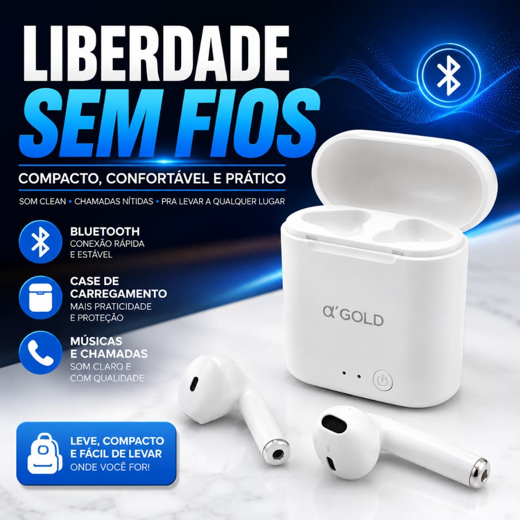 Fone de Ouvido Sem fio Bluetooth Com Case A'Gold  Estéreo Original Compacto