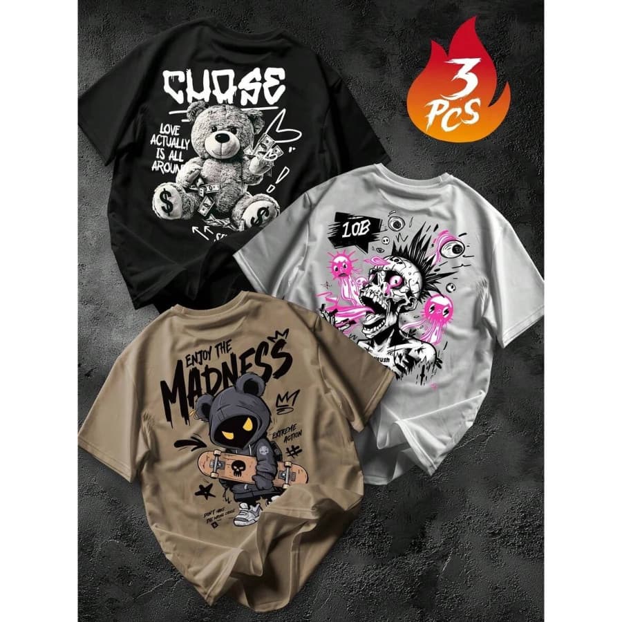 KIT 3 CAMISETA Masculina Algodão Adulto Plus Size Casual Streetwear Chose urso Cinza Madness Bege Caveira Rockeira Moda