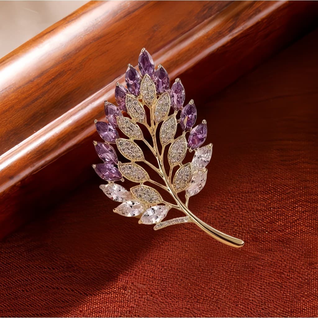 Broche pino gradiente cor incrustada pedra folhas acessórios de roupas Anti-reflexo feminino