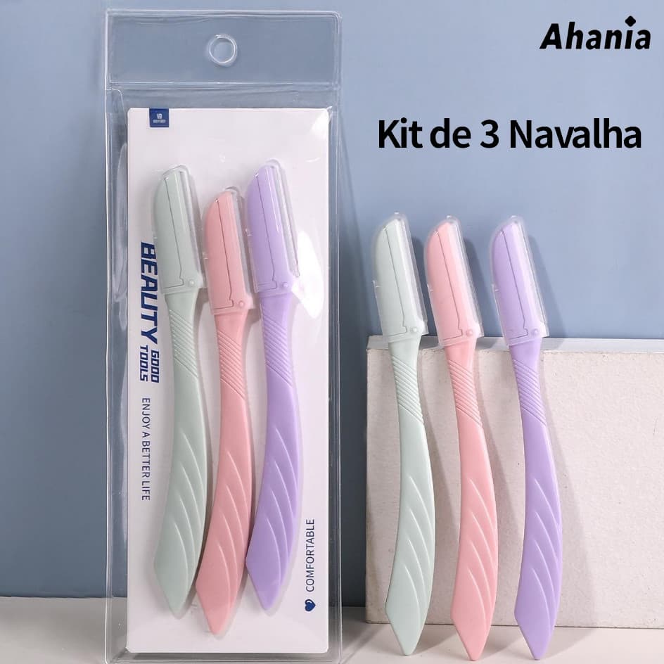 Kit de 3 Navalha para Sobrancelha com Cabo Antiderrapante, Aparador de Pelos Facial, Facil de Usar para Iniciante