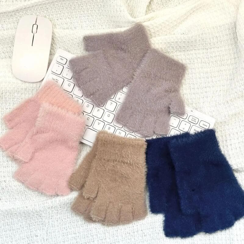 Malha Grossa Térmica Meio Dedo Luvas Mulheres Homens Inverno Ao Ar Livre Lã Quente Condução Luva Sem Dedos Touchscreen