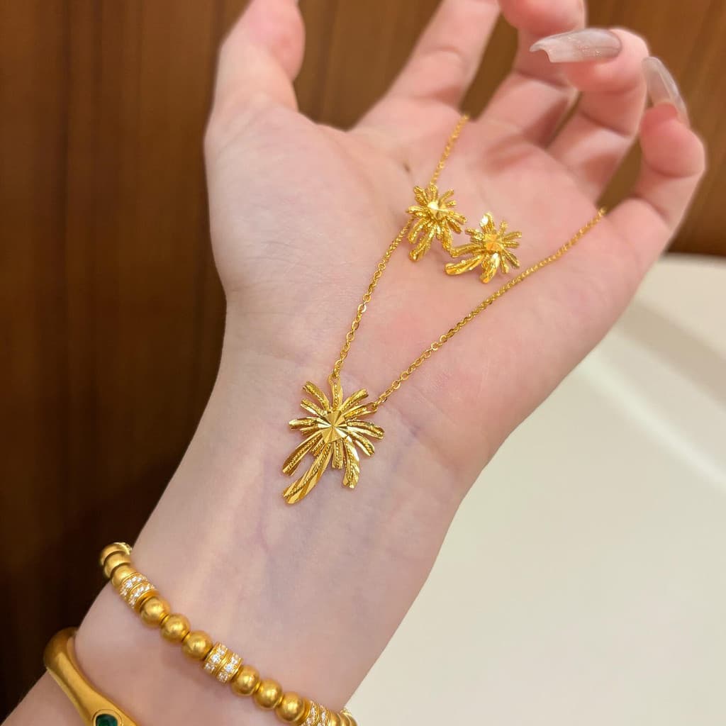 24k Real chapeamento de ouro flor conjunto de jóias moda doce temperamento brincos colar luz luxo High-End brincos femin