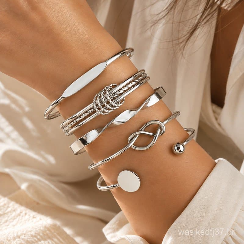 Kit 5 Pulseiras Femininas Prata Ajustável Minimalista Elegante Fashion Presente