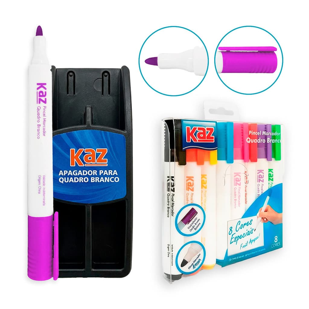 8 Marcadores P/ Quadro Branco Kaz 4mm + Apagador Magnético