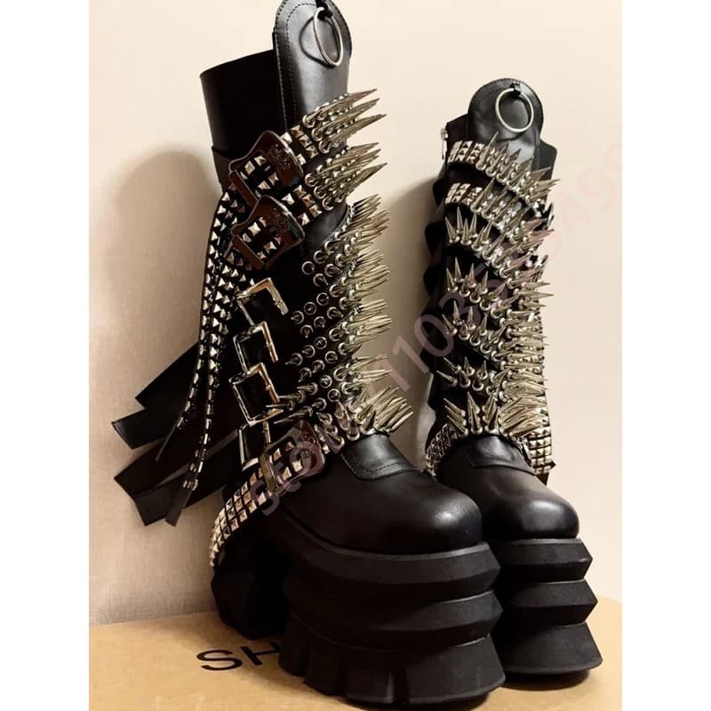 Botas de Motociclista Plataforma Punk com Rebites Longos 2025, Botas Rock de Estilo Urbano com Bico Redondo, Botas de Pa