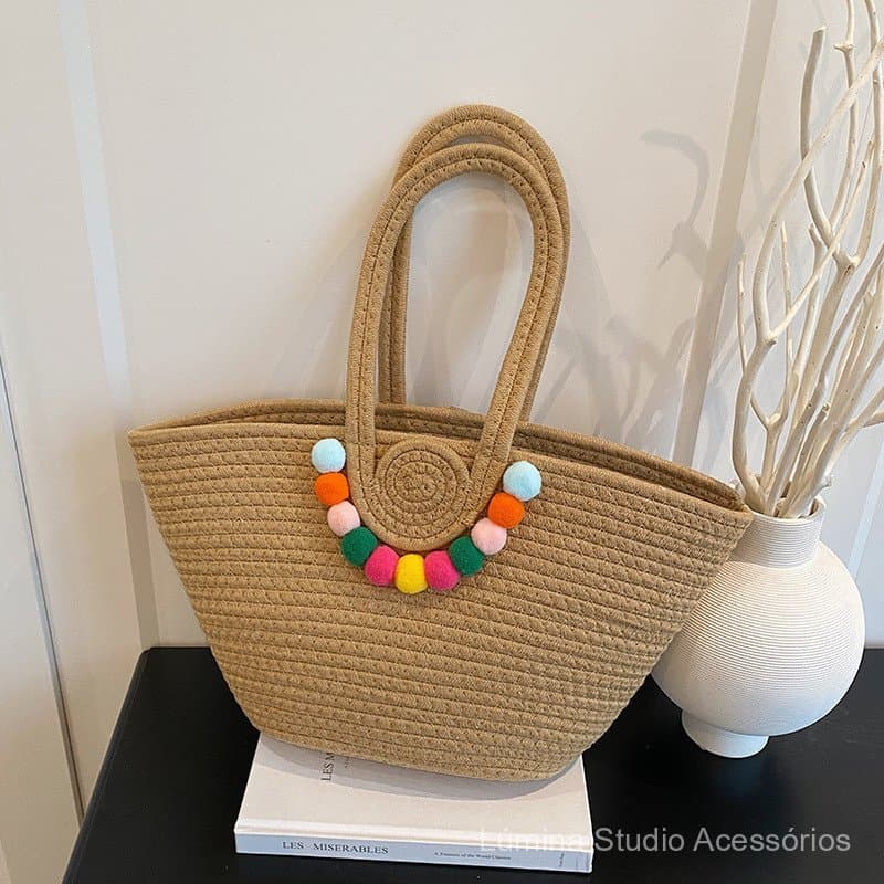 Bolsa de mão de algodão estilo coreano com pom-pom, bolsa de cesta de vegetais, bolsa de alta qualidade.
