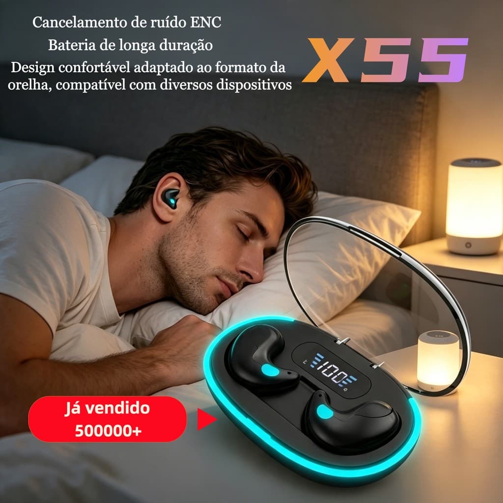 Mini Fone Bluetooth 5.4 X55 para Dormir! Sem Fio Som HD Confortável, Longa Autonomia, Leve e Compacto, Perfeito para Des