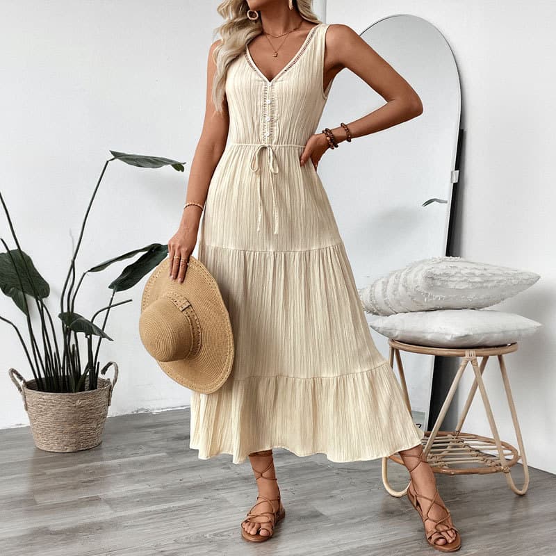 Vestido feminino Casual simples vestido longo estilo básico amarrado sem mangas com decote em v vestido de cor sólida