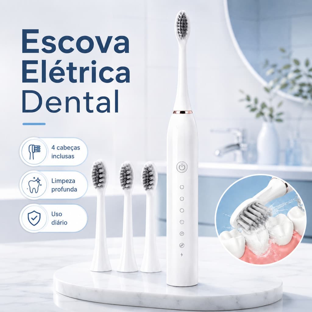 Escova Elétrica para Dentes IPX7 USB Recarregável 4 Cabeças Refis Limpeza Profunda