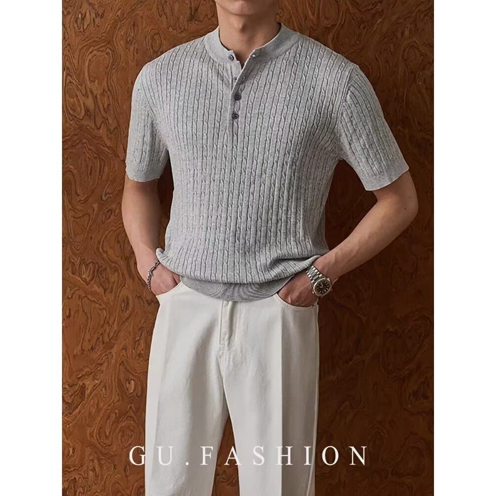 Verão novo estilo malhas cor sólida pulôver botão de manga curta topo masculino High-End Henry colarinho Design camisa P